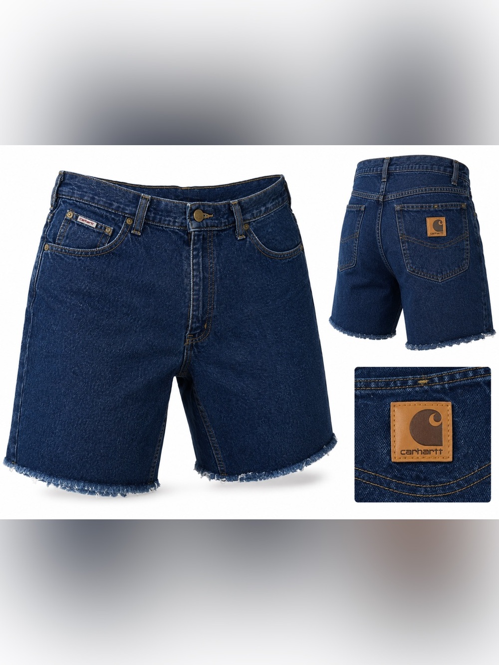 Carhartt Men’s Dark Wash Denim Cutoff Jean Shorts Frayed Hem Workwear Casual